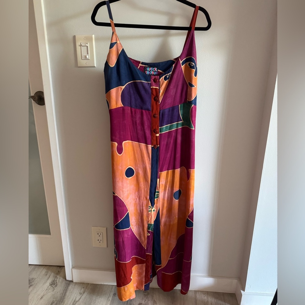 Vintage Rayon Abstract Contemporary Art Boho Long Tunic Maxi Dress Side Slits M